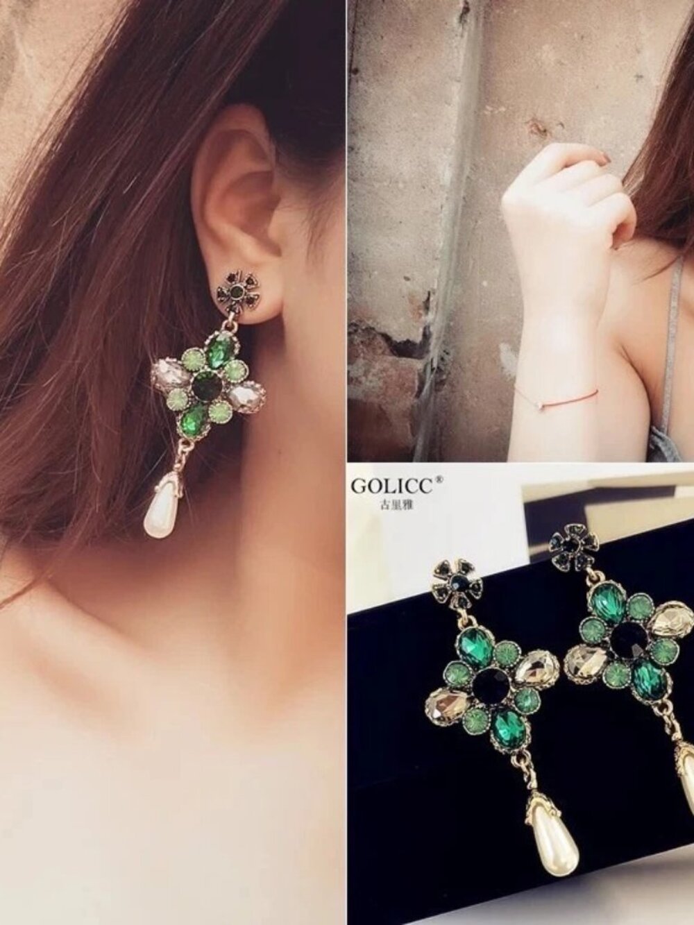 Golicc Green Crystal Flower Dangle Earrings Pearl Teardrop Gold Tone